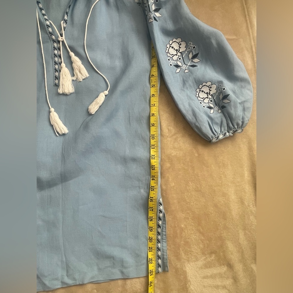 Style Mafia Sky Blue Embroidered Mini Dress Women’s Size M Boho Puff Sleeve Tass - Picture 15 of 15